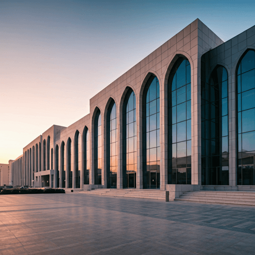 Modern glass government building in Muscat Oman at sunset
